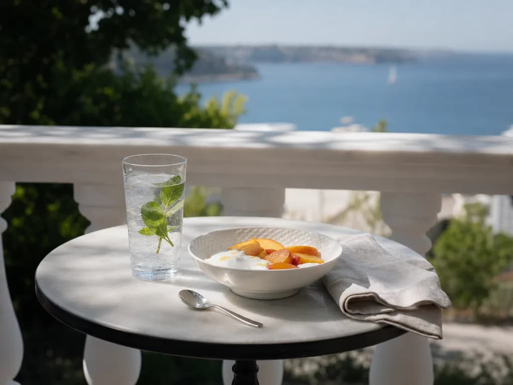 Ein Balkontisch mit Eiswasser und einer Schale weichem Obst mit Blick aufs Meer
