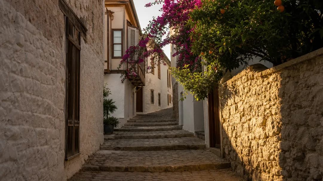 Eine gepflasterte Altstadtgasse mit überhängenden Orangenbäumen und hellen Steinmauern