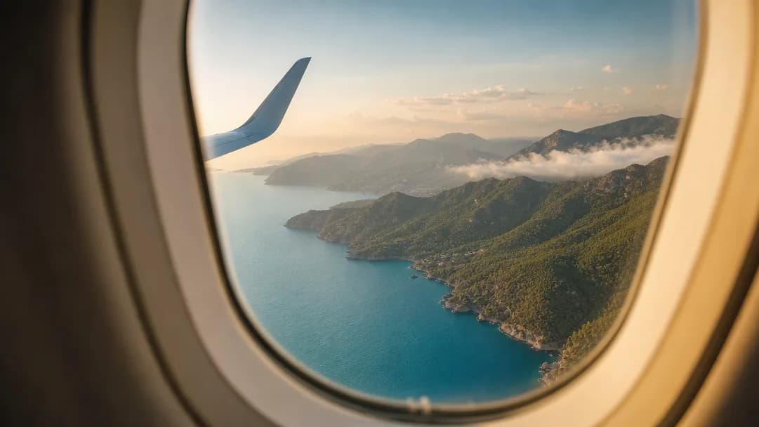 Die Mittelmeerküste aus einem Flugzeugfenster am späten Nachmittag