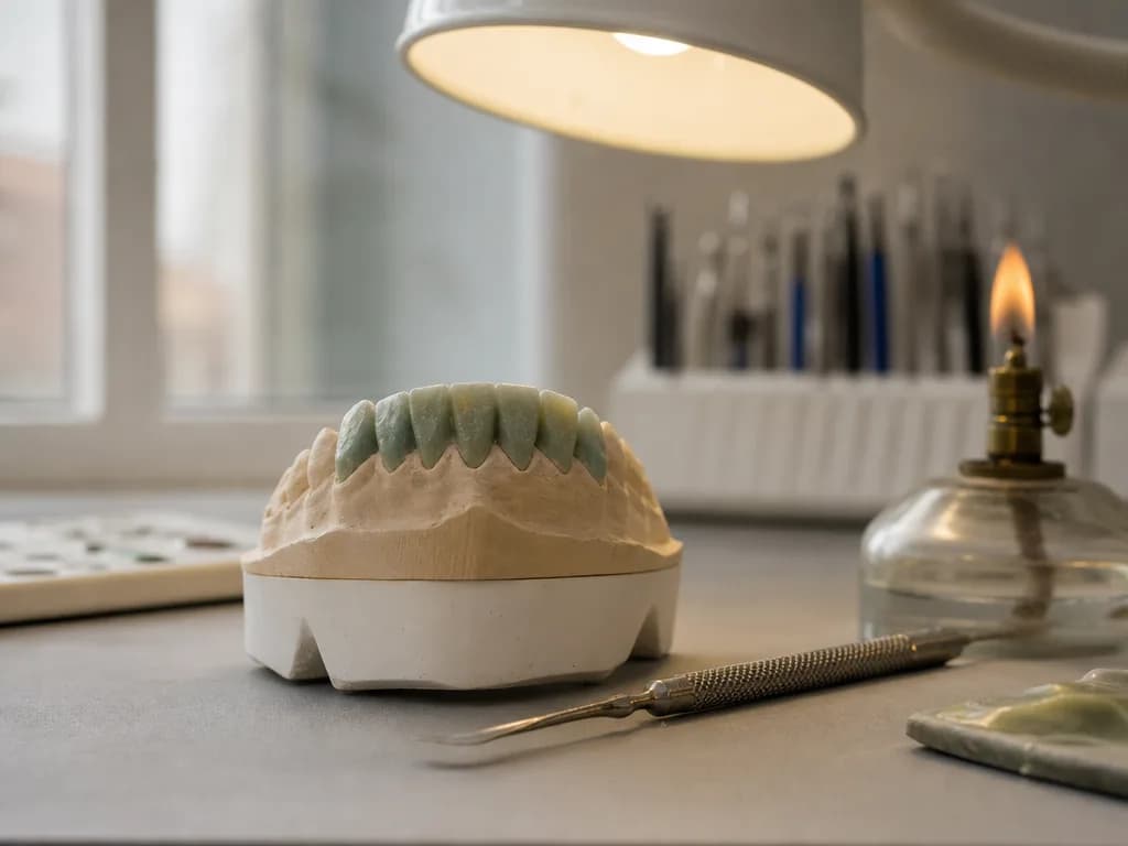 Ein Wachs-Mock-up auf einem Gipsmodell neben Modellierinstrumenten auf einer Werkbank