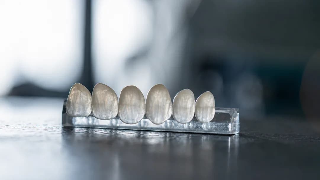 Eine Reihe dünner Keramik-Veneers auf einem Laborständer, von hinten beleuchtet