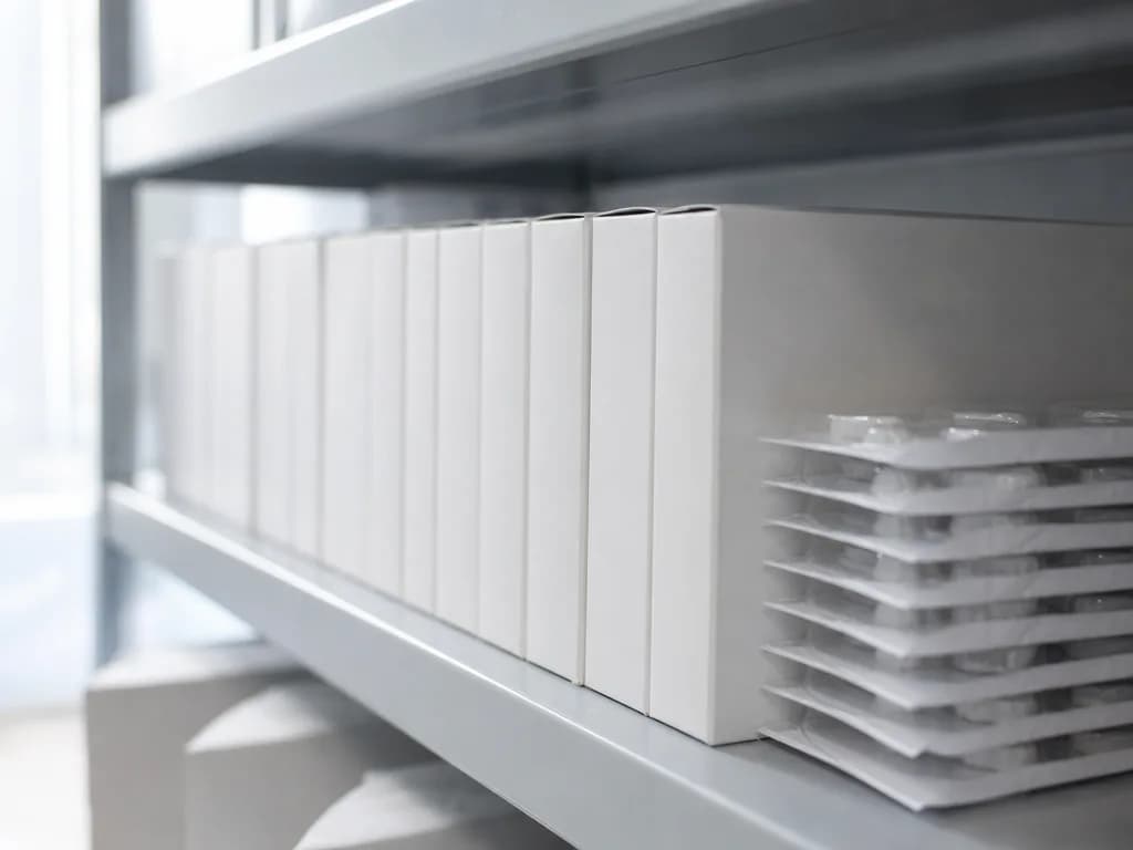 Implantatkomponenten in schlichter unbedruckter Verpackung auf einem Klinikregal