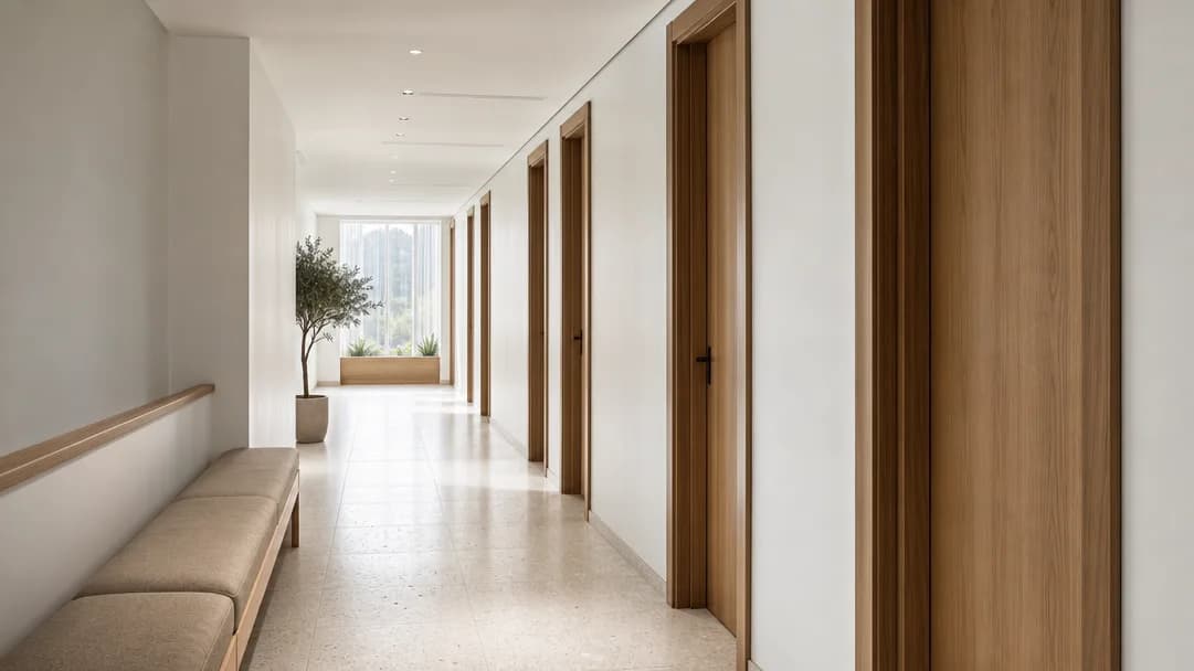 Ein moderner Klinikflur mit mehreren Behandlungszimmertüren im Tageslicht