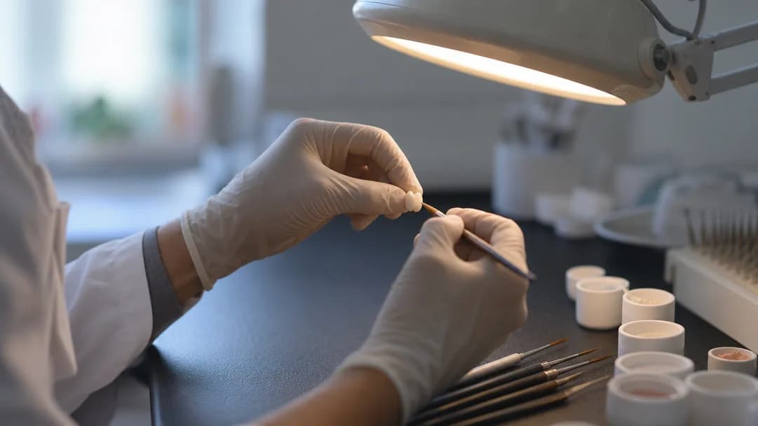 Behandschuhte Hände einer Zahntechnikerin, die unter einer Arbeitsleuchte eine Keramikkrone ausarbeiten