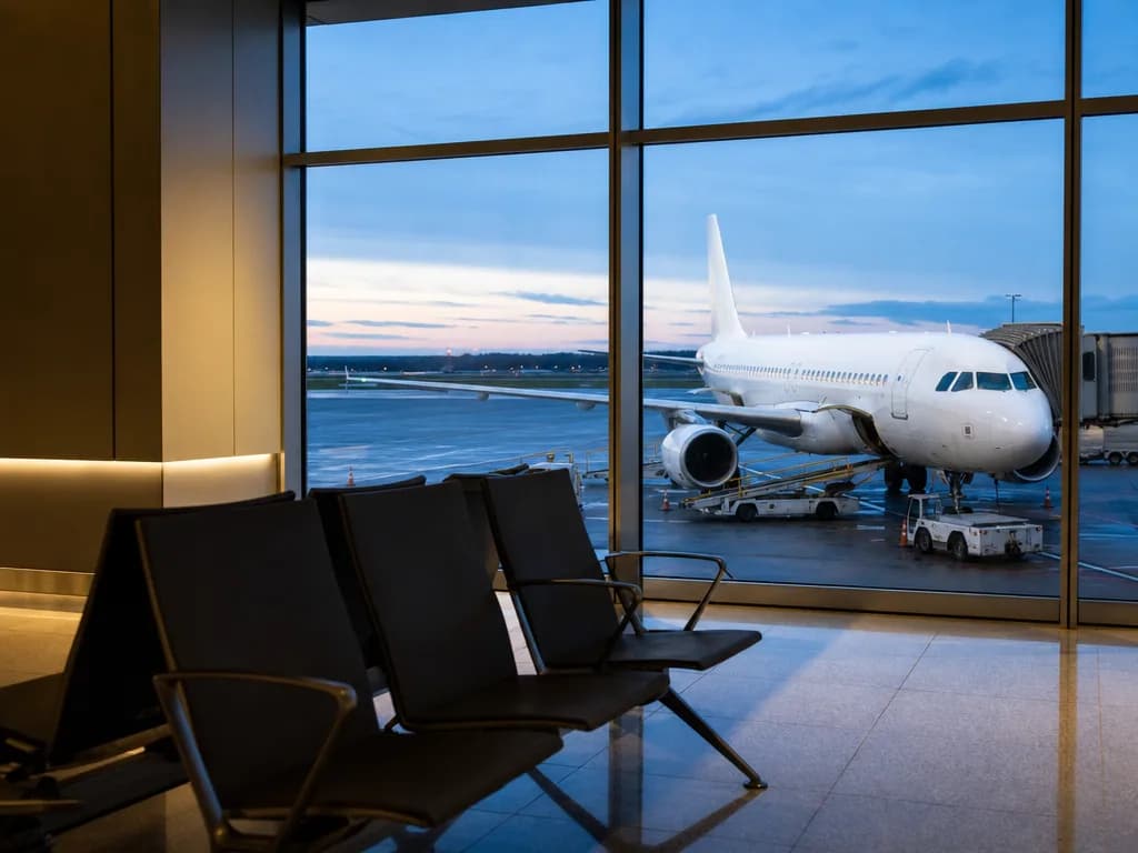 Leere Sitzreihen an einem Flughafengate im Morgengrauen, dahinter ein Flugzeug