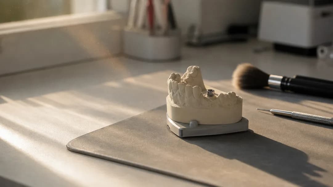 Ein Gipsmodell mit Gingivaformer auf einer Laborbank im Morgenlicht