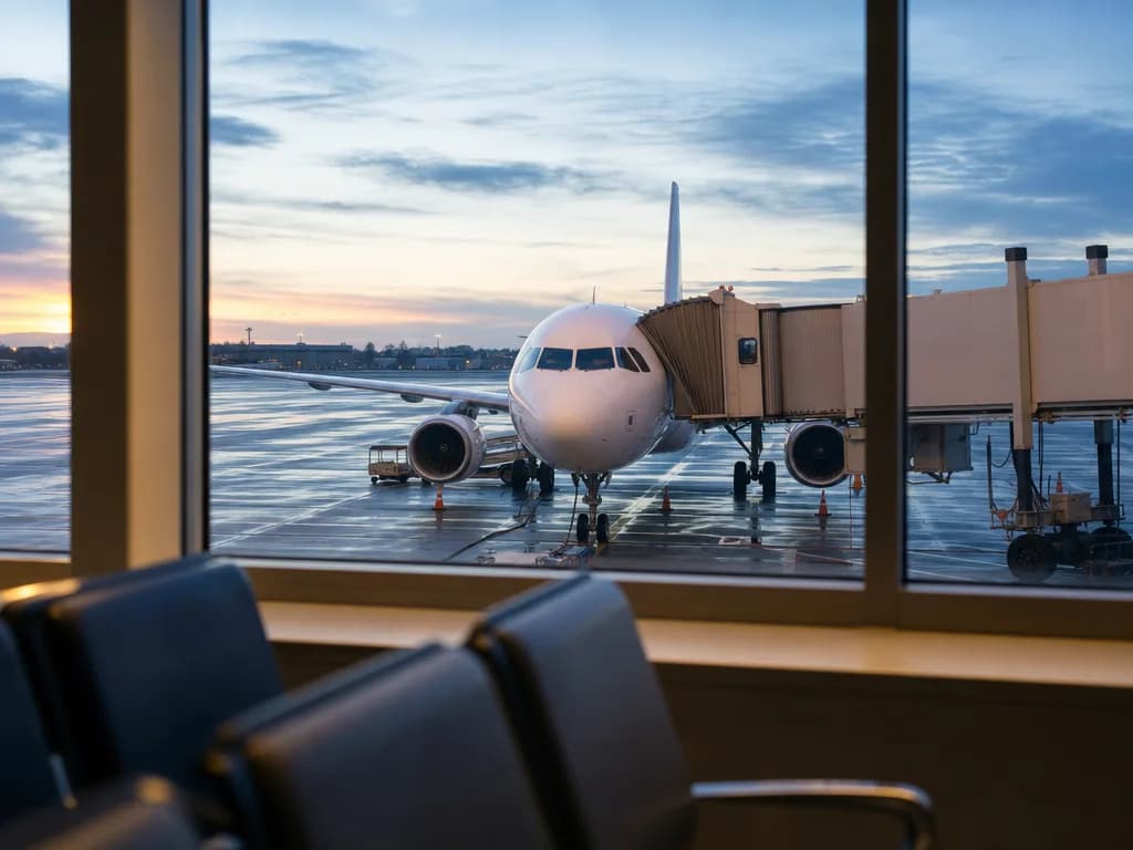 Ein Flughafenfenster im Morgengrauen, dahinter ein Flugzeug in Parkposition