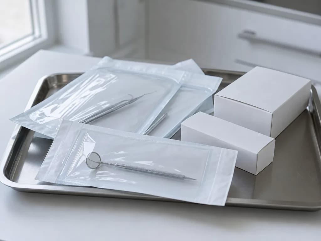 Versiegelte Sterilbeutel und schlichte unbedruckte Schachteln auf einem Edelstahltablett