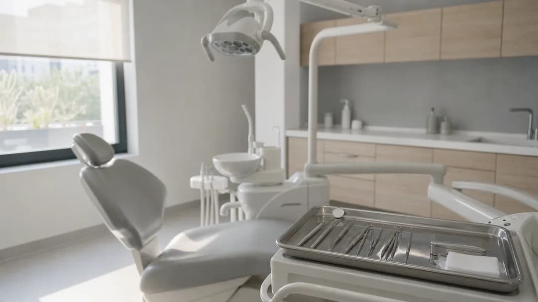 Ein leeres modernes Behandlungszimmer mit ausgelegtem Instrumententablett bei Tageslicht