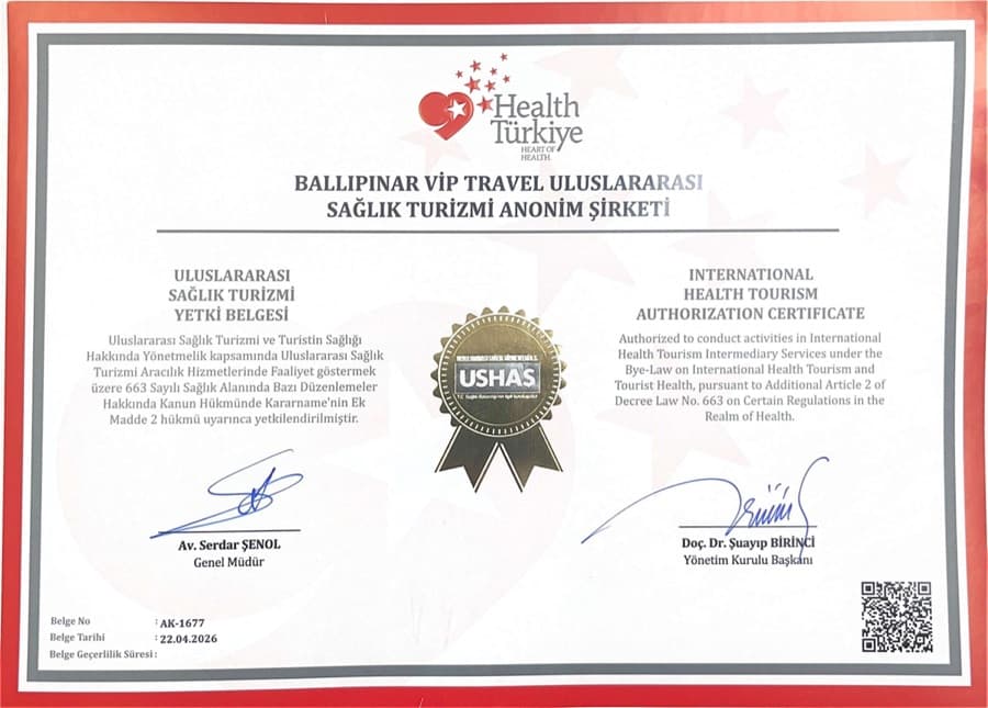 Zulassungsurkunde für internationalen Gesundheitstourismus, Nummer AK-1677, ausgestellt auf Ballıpınar VİP Travel Uluslararası Sağlık Turizmi A.Ş.