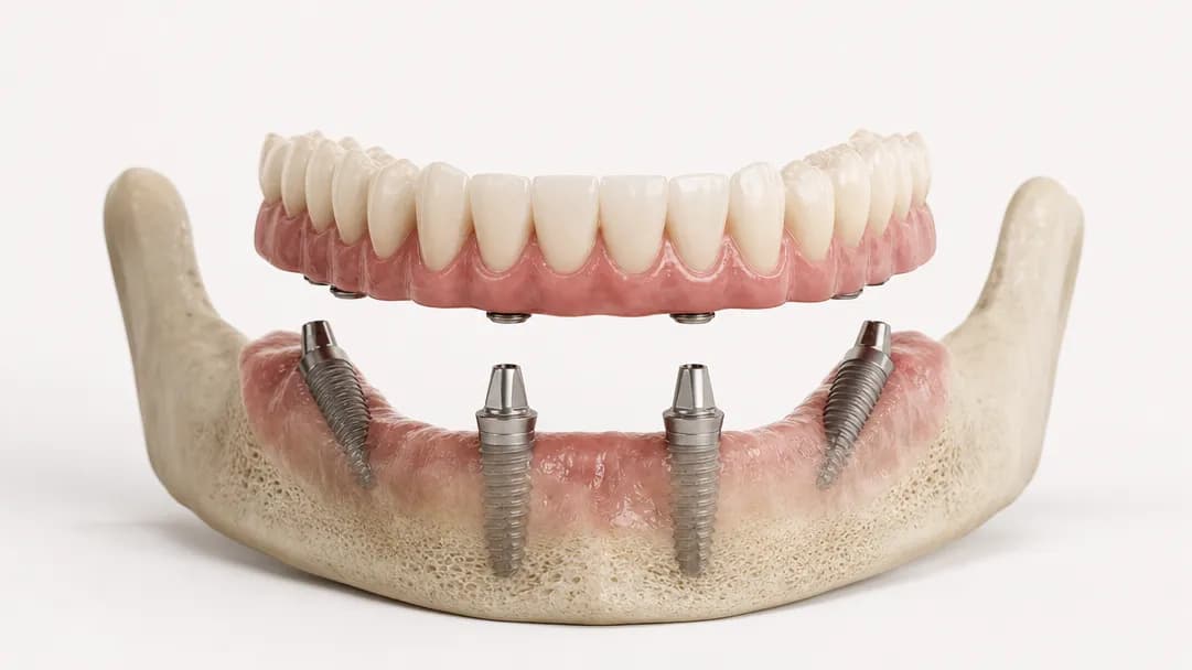 Zeichnung eines Unterkiefers mit vier Implantaten — die beiden hinteren schräg gesetzt — die eine durchgehende feste Brücke tragen