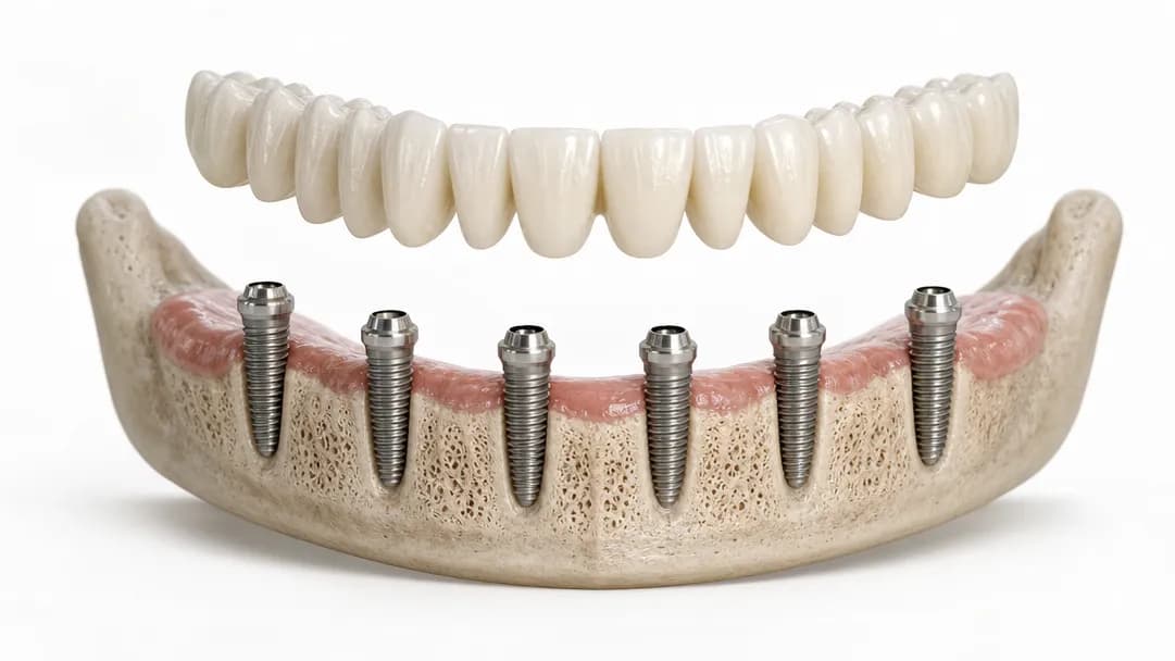 Zeichnung eines zahnlosen Unterkiefers mit sechs gleichmäßig verteilten, aufrecht gesetzten Implantaten, darüber eine durchgehende feste Brücke