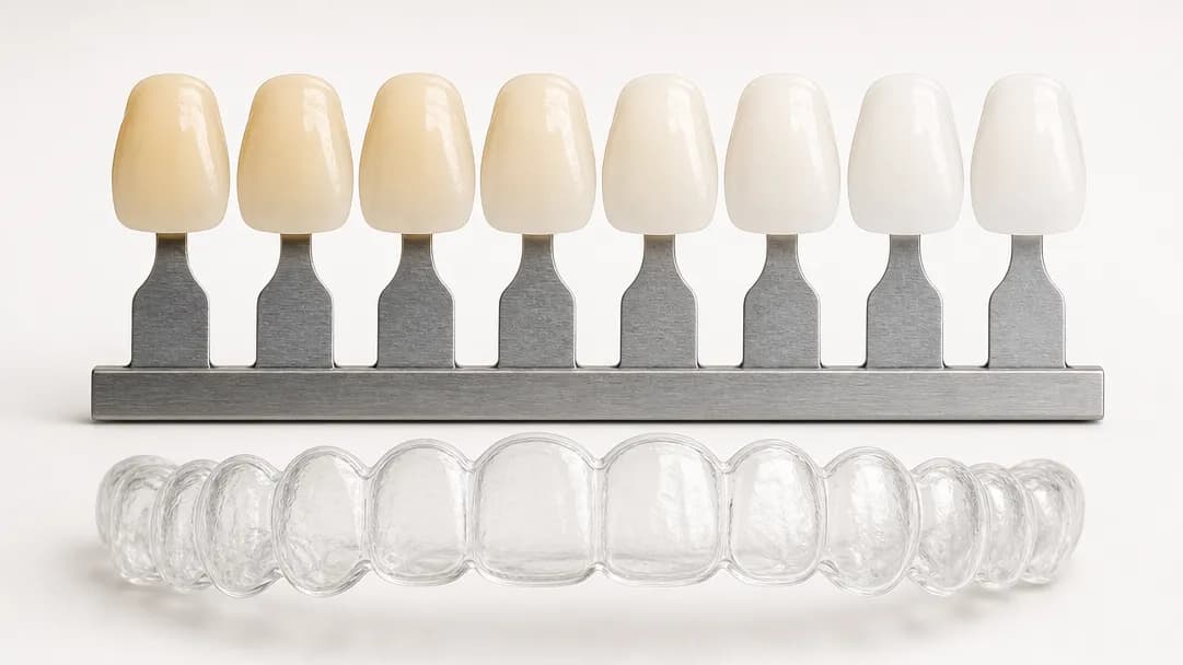Ein zahnärztlicher Farbschlüssel mit acht Keramikmustern von dunkel nach hell auf einer Metallschiene, darunter eine durchsichtige, individuell angefertigte Bleaching-Schiene