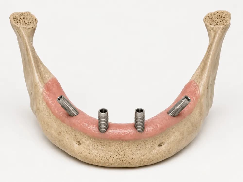 Derselbe Kiefer mit vier gesetzten Implantaten, zwei aufrecht vorn und zwei nach hinten geneigt