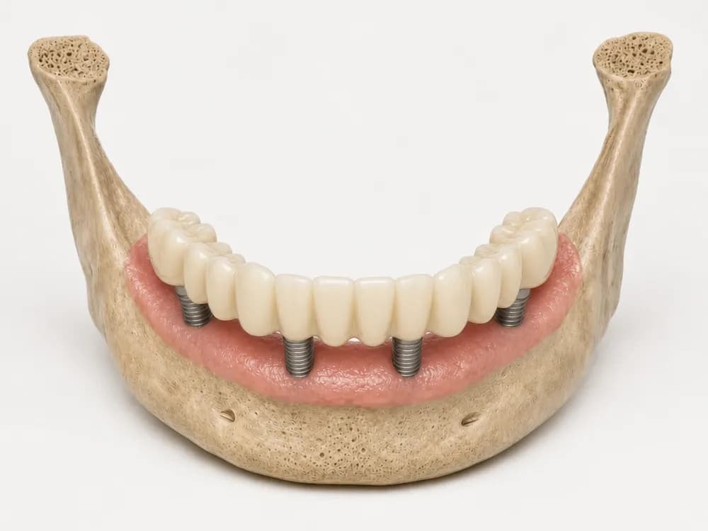 Eine fest verschraubte provisorische Brücke über dem ganzen Kiefer, auf den vier Implantaten sitzend