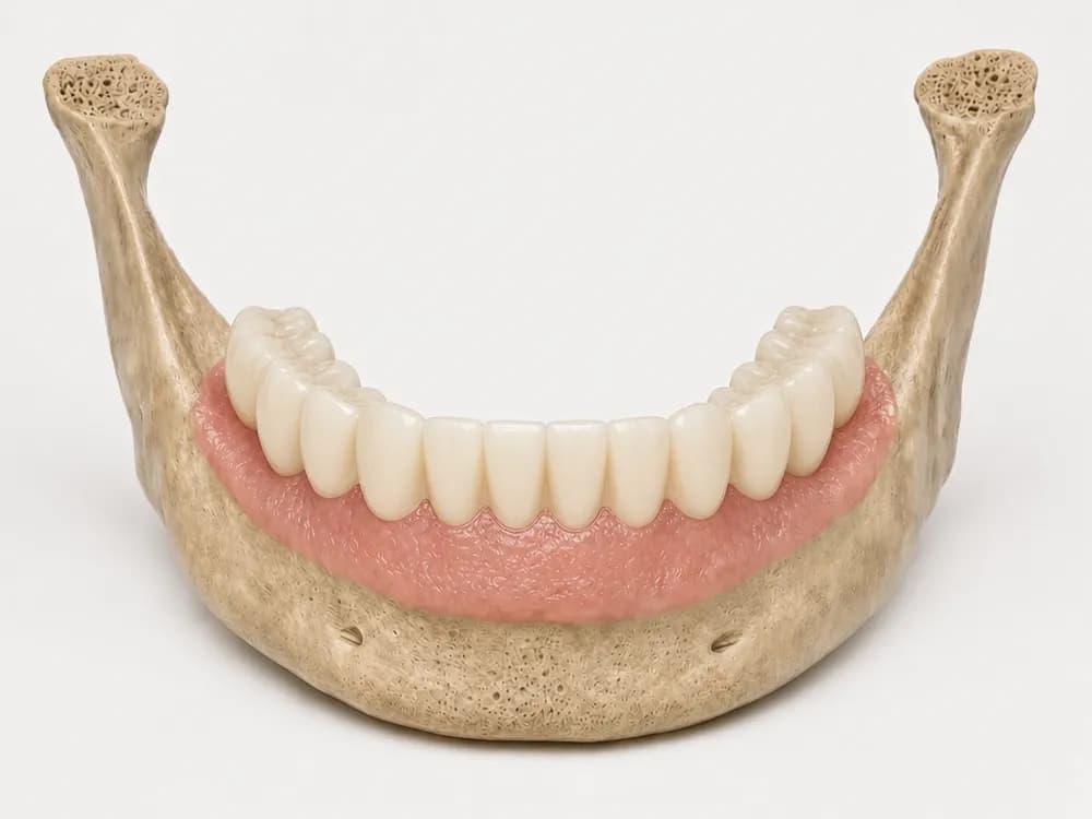 Die endgültige glasierte Keramikbrücke über den ganzen Kiefer, auf den vier Implantaten befestigt