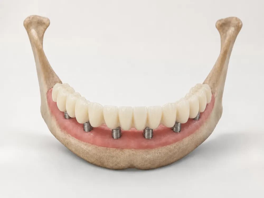 Die endgültige glasierte Keramikbrücke über den ganzen Kiefer, auf den sechs Implantaten befestigt