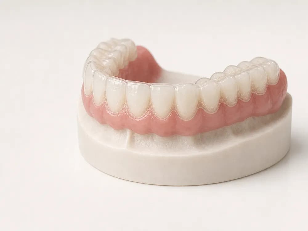 Eine durchsichtige, passgenaue Bleaching-Schiene über dem Bogen, mit einer dünnen Gelschicht