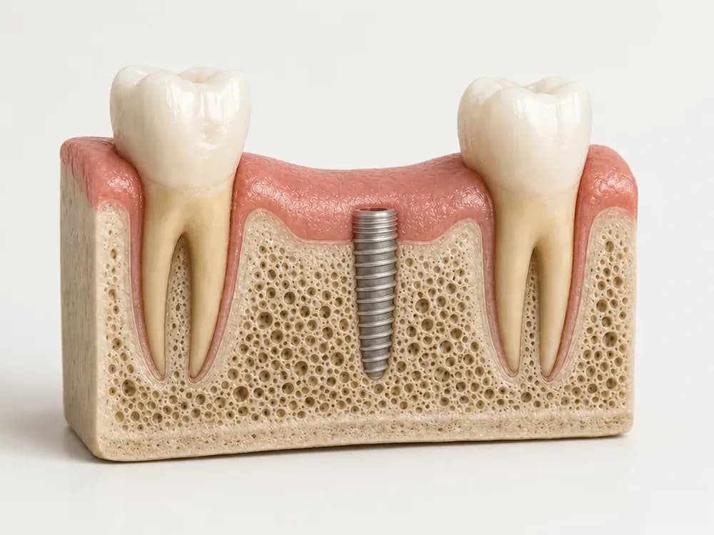 Dasselbe Modell, bei dem der Knochen über die gesamte Länge der Gewindegänge dicht am Implantat anliegt