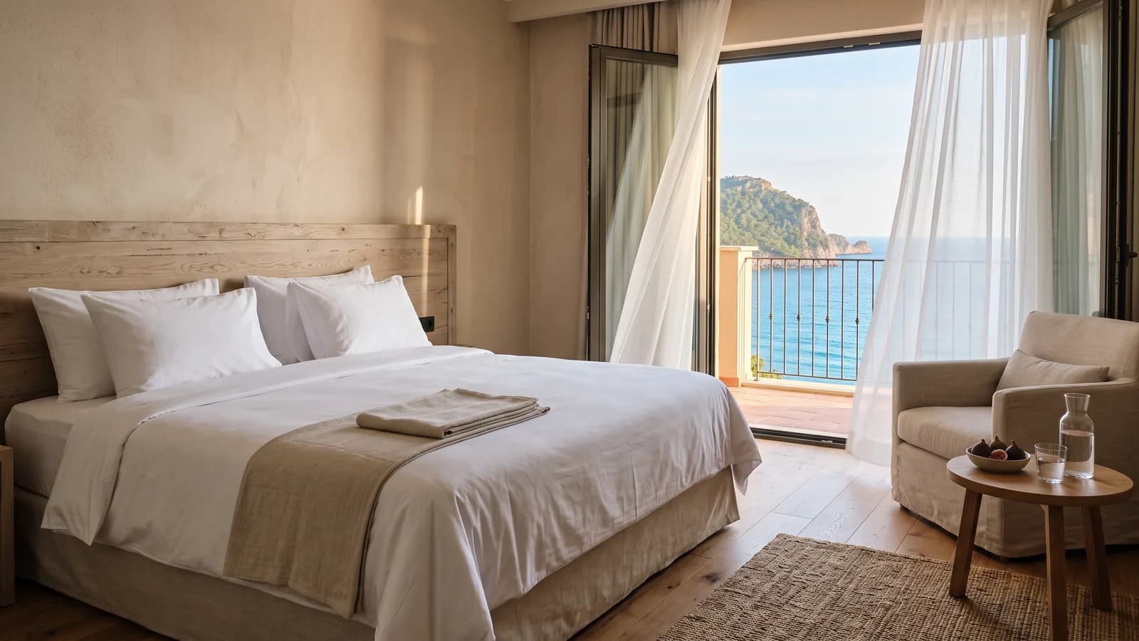 Ein ruhiges Hotelzimmer mit gemachtem Bett, einem Leinensessel und offener Tür zum Balkon mit Meerblick