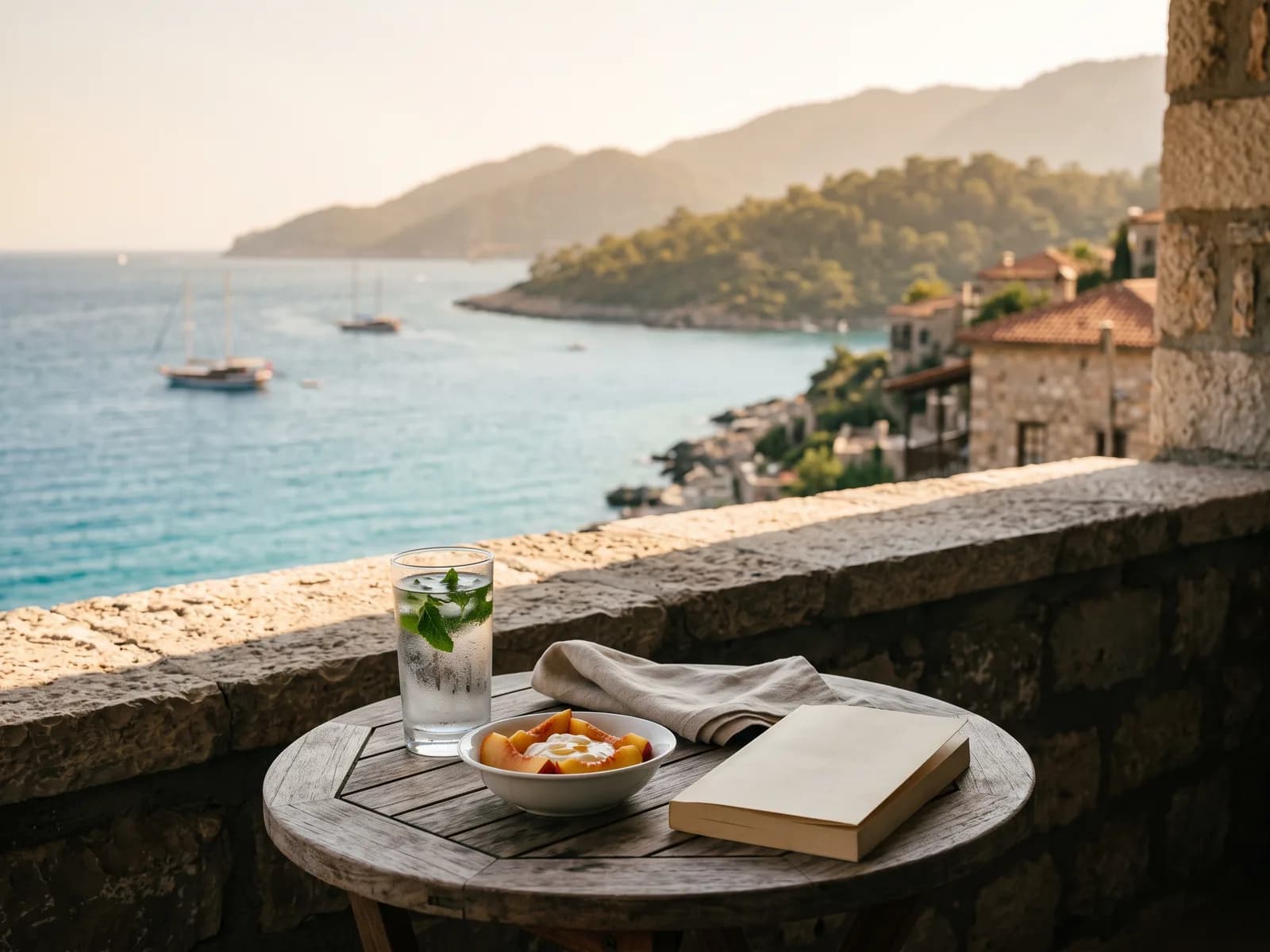 Ein schattiger Balkontisch mit kaltem Wasser und weichem Obst, mit Blick auf die Küste von Antalya